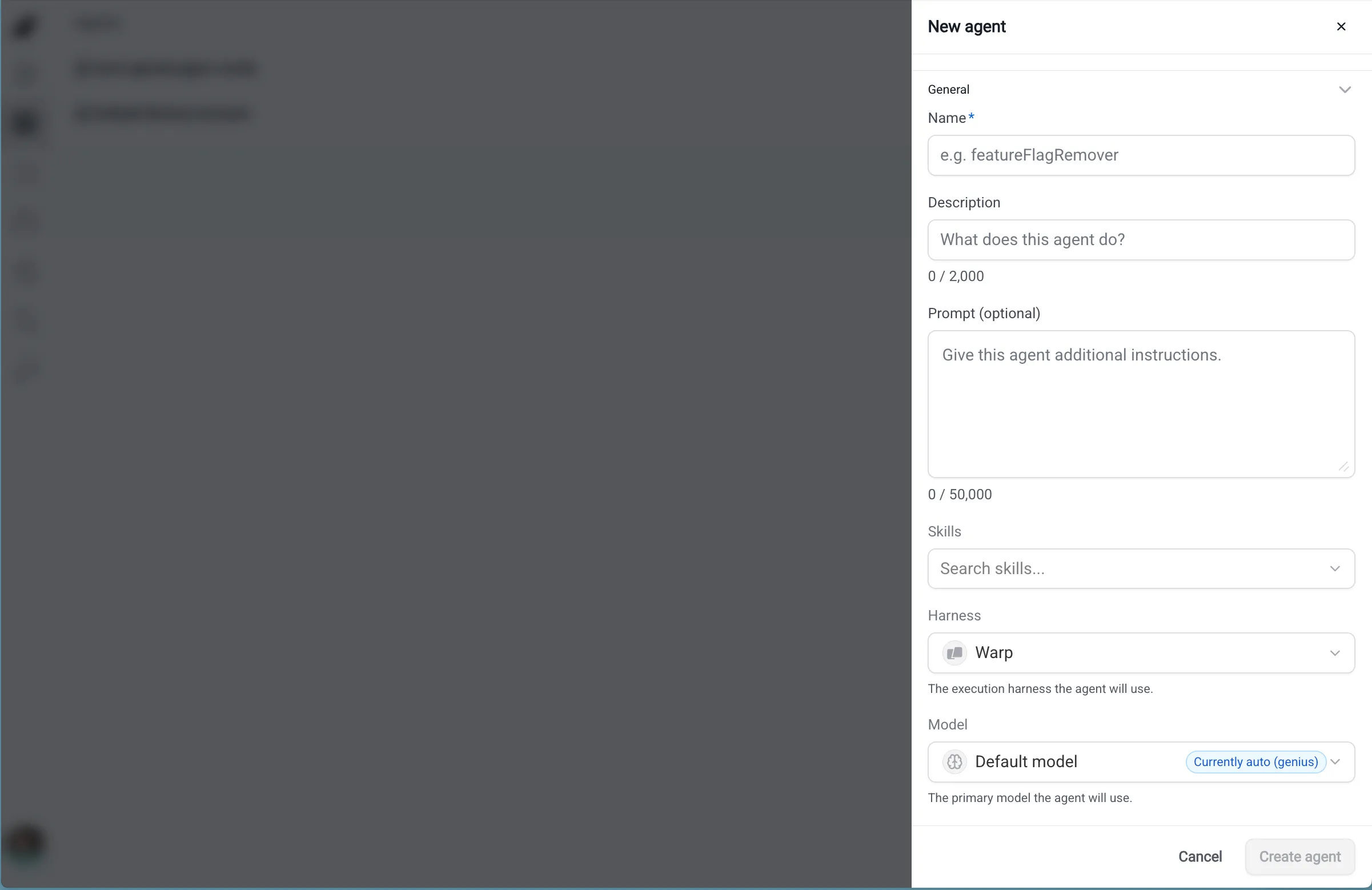 Creating a new agent in the Oz web app.